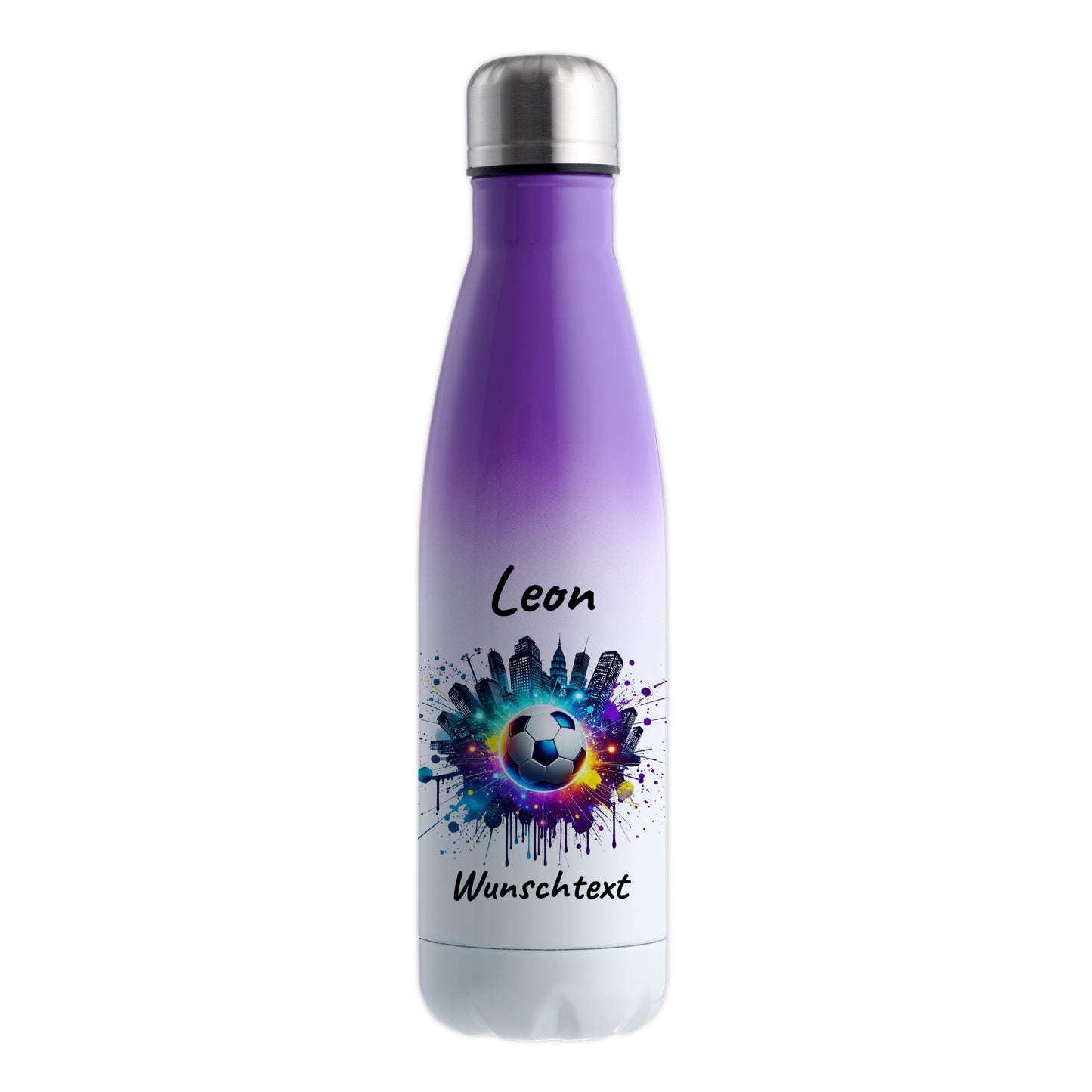 Thermoflasche 500ml in Weiß/Violett aus Edelstahl bedruckt "Fußball" Motiv7 personalisierbar mit Wunschname & Text