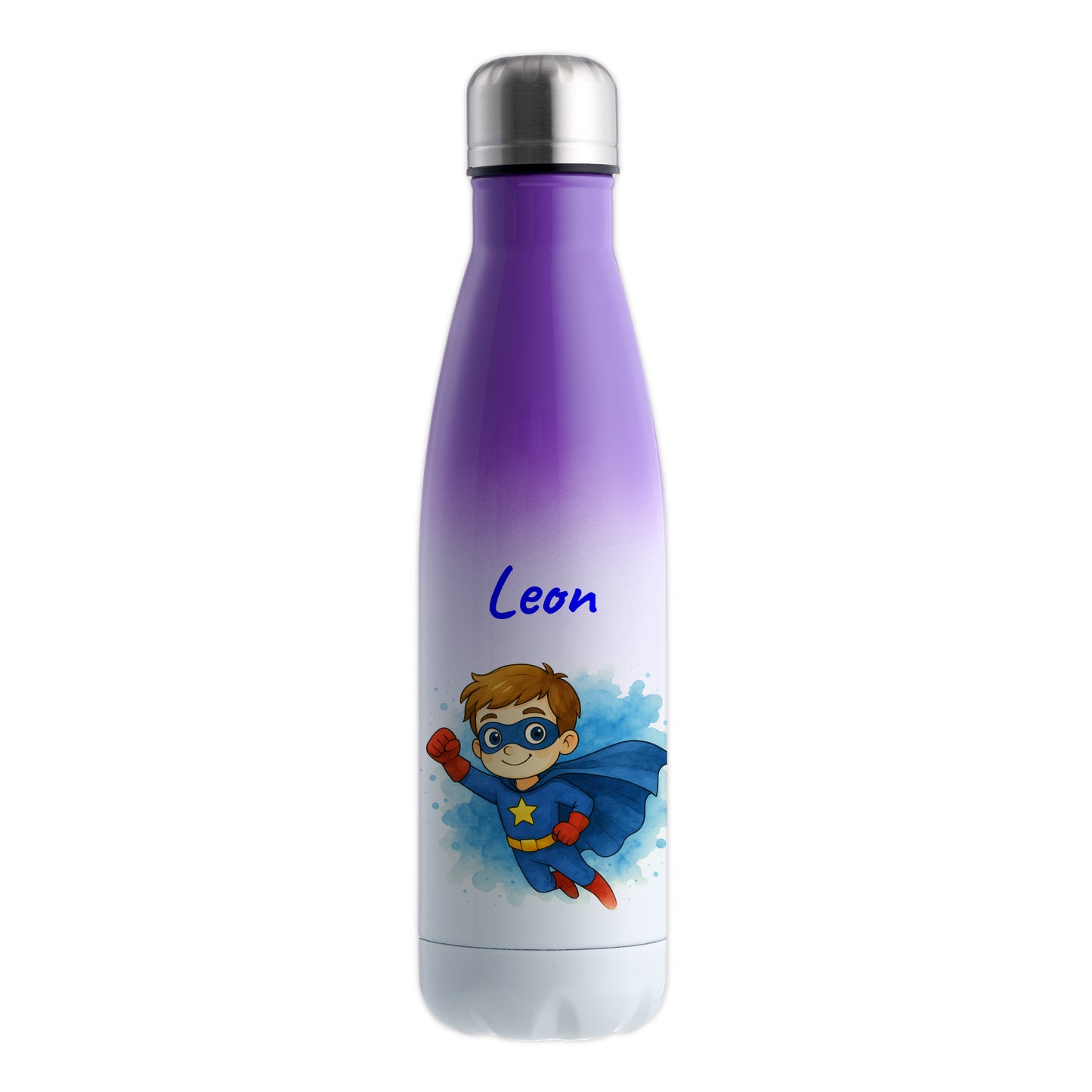 Thermoflasche 500ml in Weiß/Violett bedruckt mit tollen Motiven für Kinder "Superheld" personalisierbar mit Wunschname