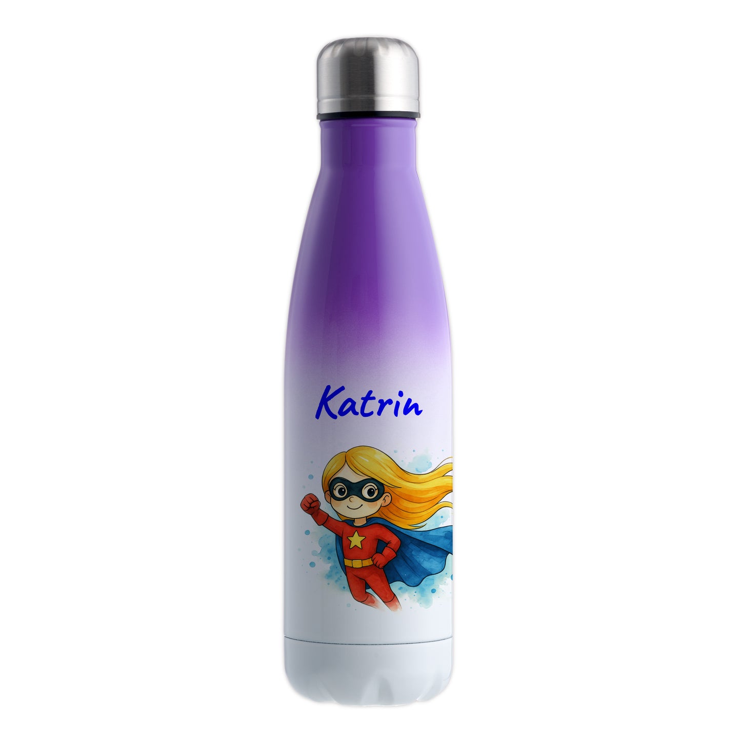 Thermoflasche 500ml in Weiß/Violett bedruckt mit tollen Motiven für Kinder "Superheldin" personalisierbar mit Wunschname