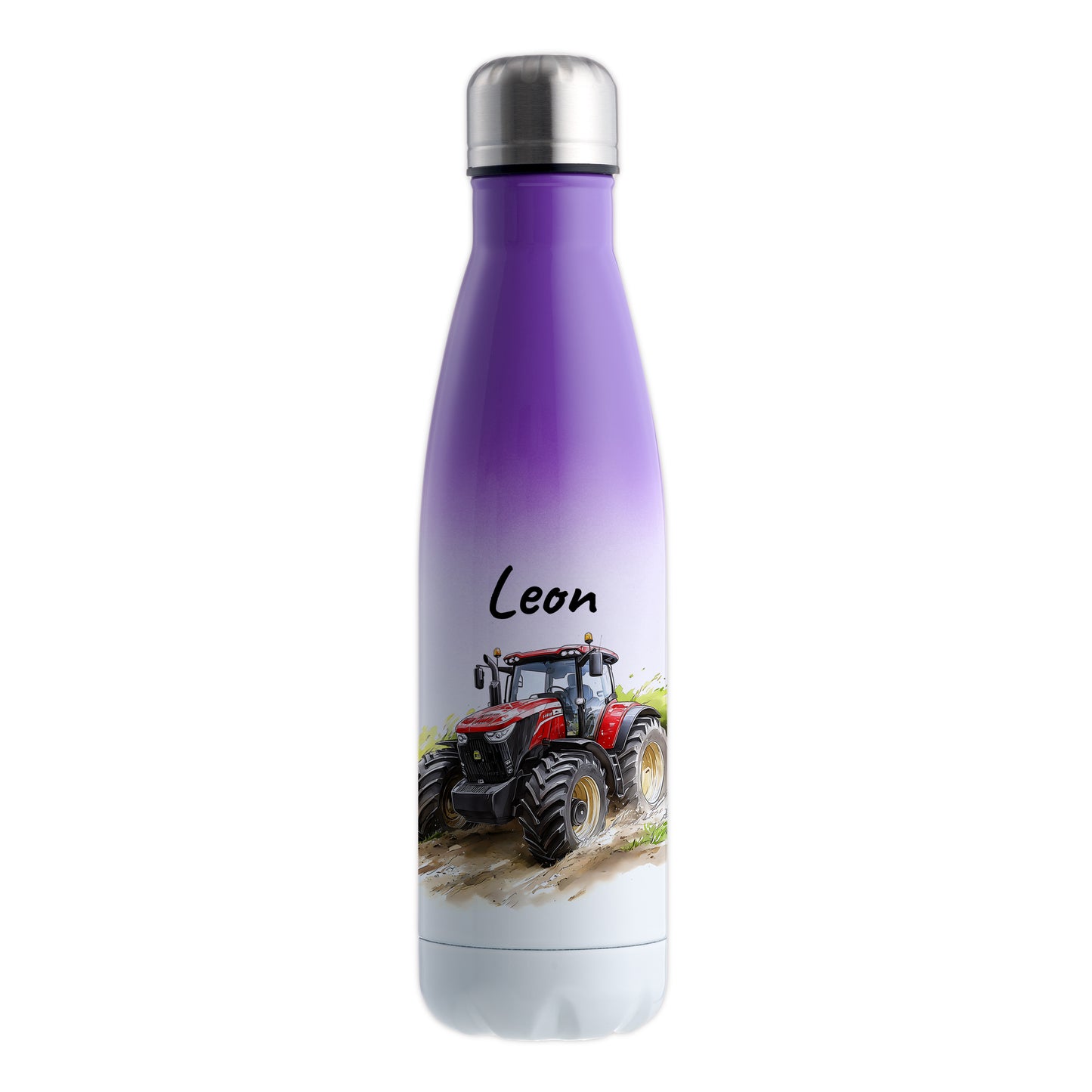 Thermoflasche 500ml in Weiß/Violett bedruckt mit tollen Motiven für Kinder "Traktor" personalisierbar mit Wunschname