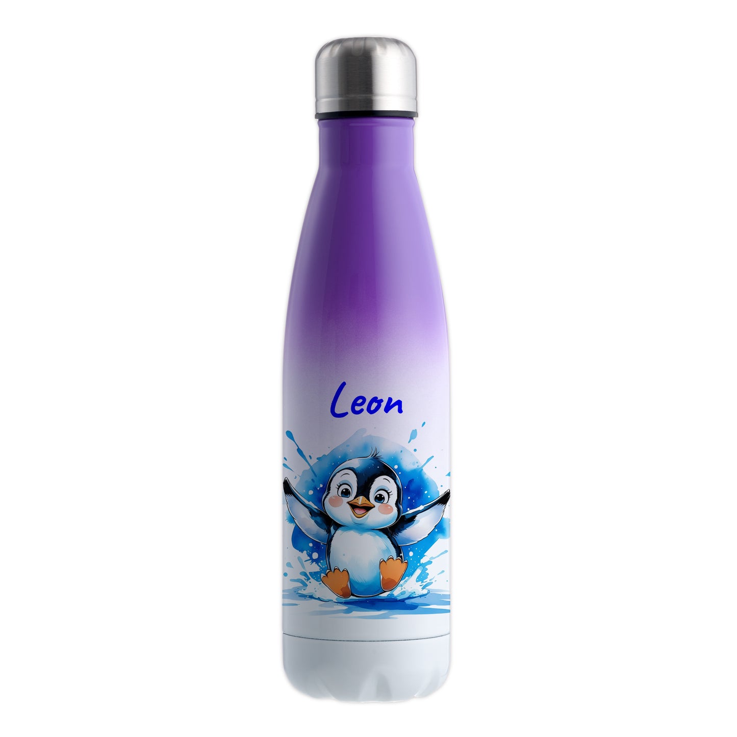 Trinkflasche in Weiß/Violett 500ml aus Edelstahl bedruckt mit niedlichen Tieren "Pinguin" personalisierbar für Kinder mit Wunschname