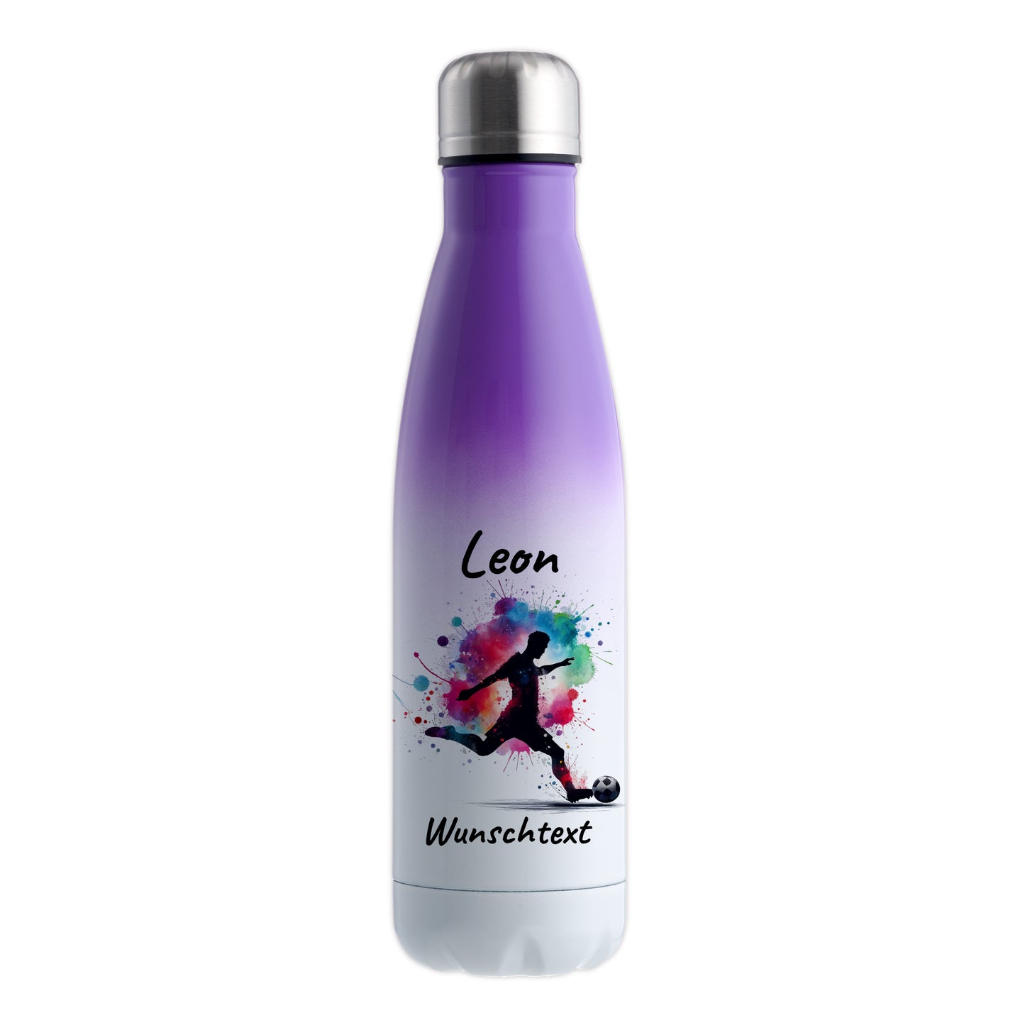 Thermoflasche 500ml in Weiß/Violett aus Edelstahl bedruckt "Fußball" Motiv4 personalisierbar mit Wunschname & Text