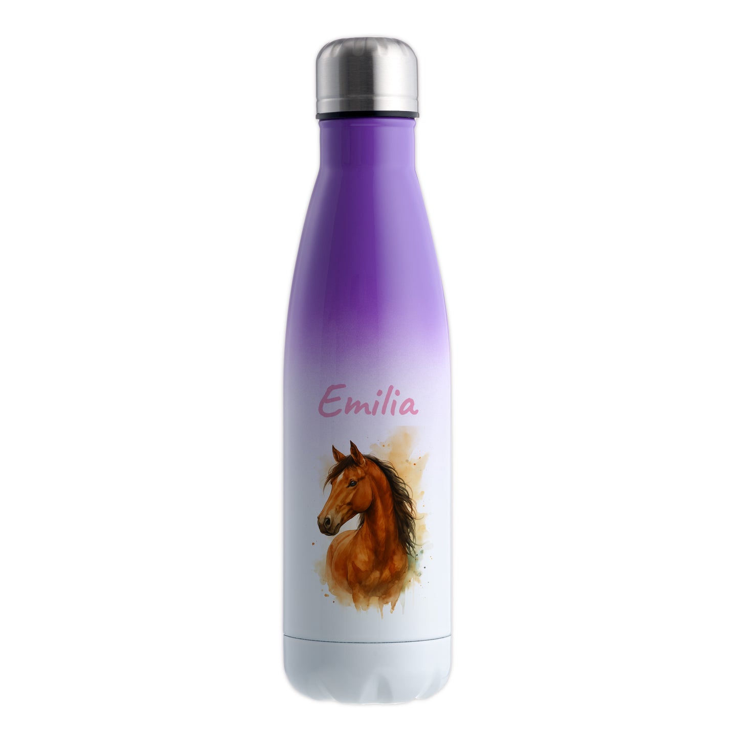 Thermoflasche 500ml in Weiß/Violett bedruckt mit tollen Motiven für Kinder "Pferd" personalisierbar mit Wunschname
