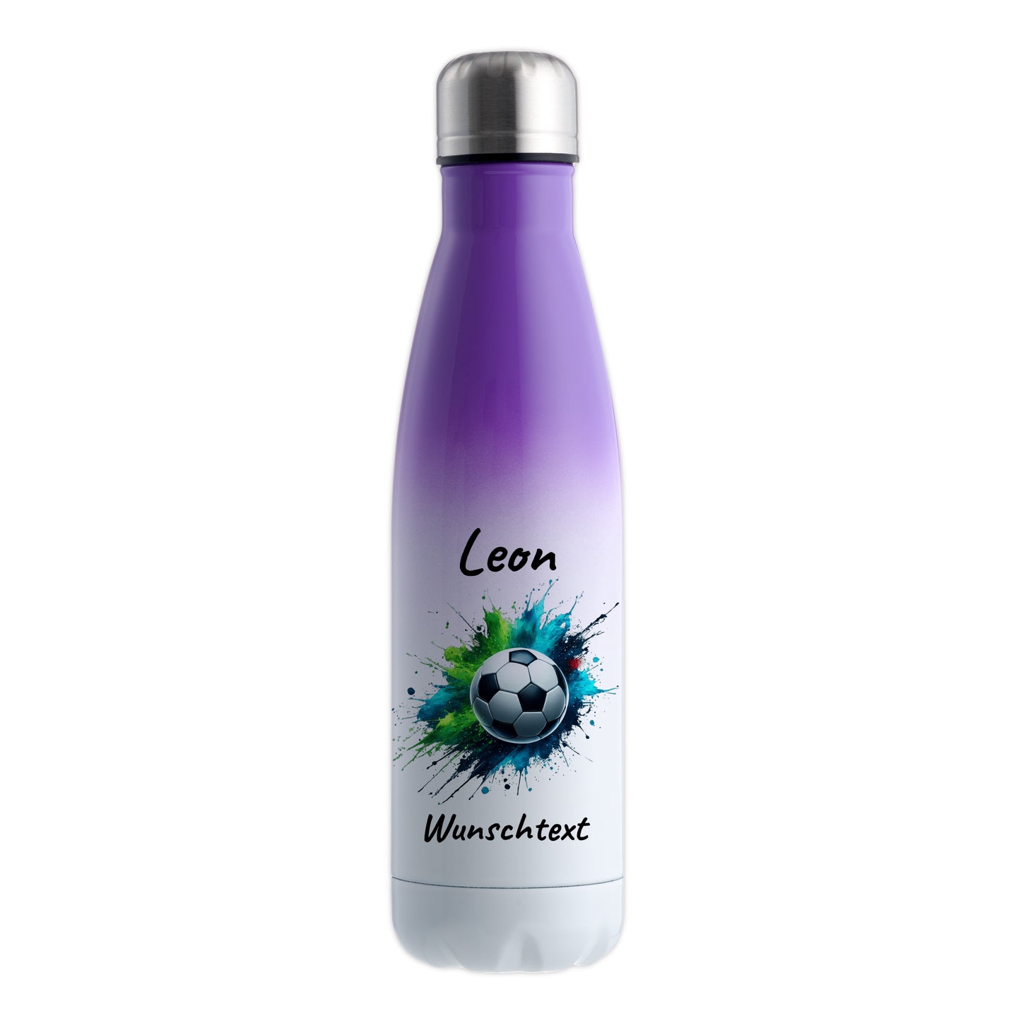 Thermoflasche 500ml in Weiß/Violett aus Edelstahl bedruckt "Fußball" Motiv8 personalisierbar mit Wunschname & Text