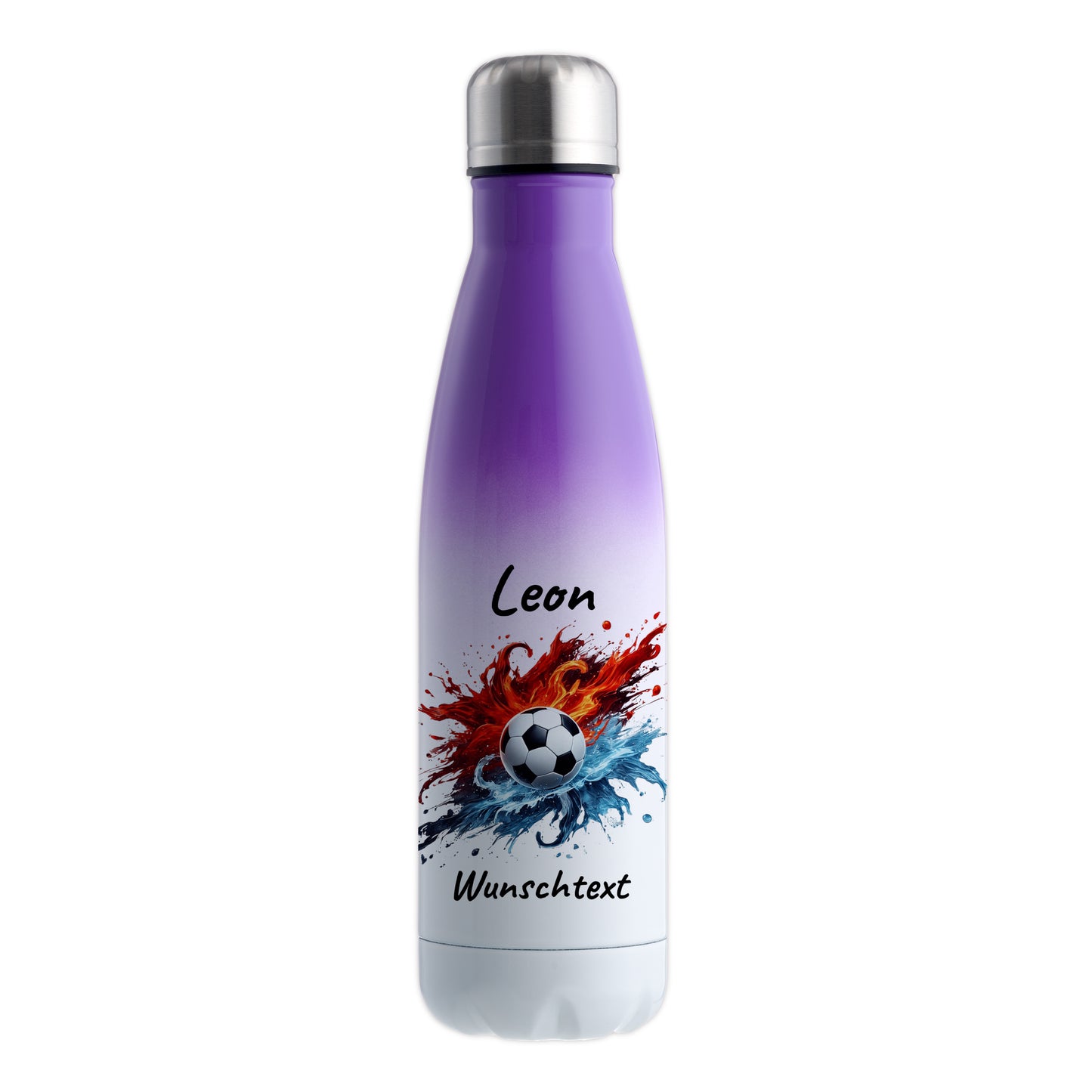 Thermoflasche 500ml in Weiß/Violett aus Edelstahl bedruckt "Fußball" Motiv12 personalisierbar mit Wunschname & Text