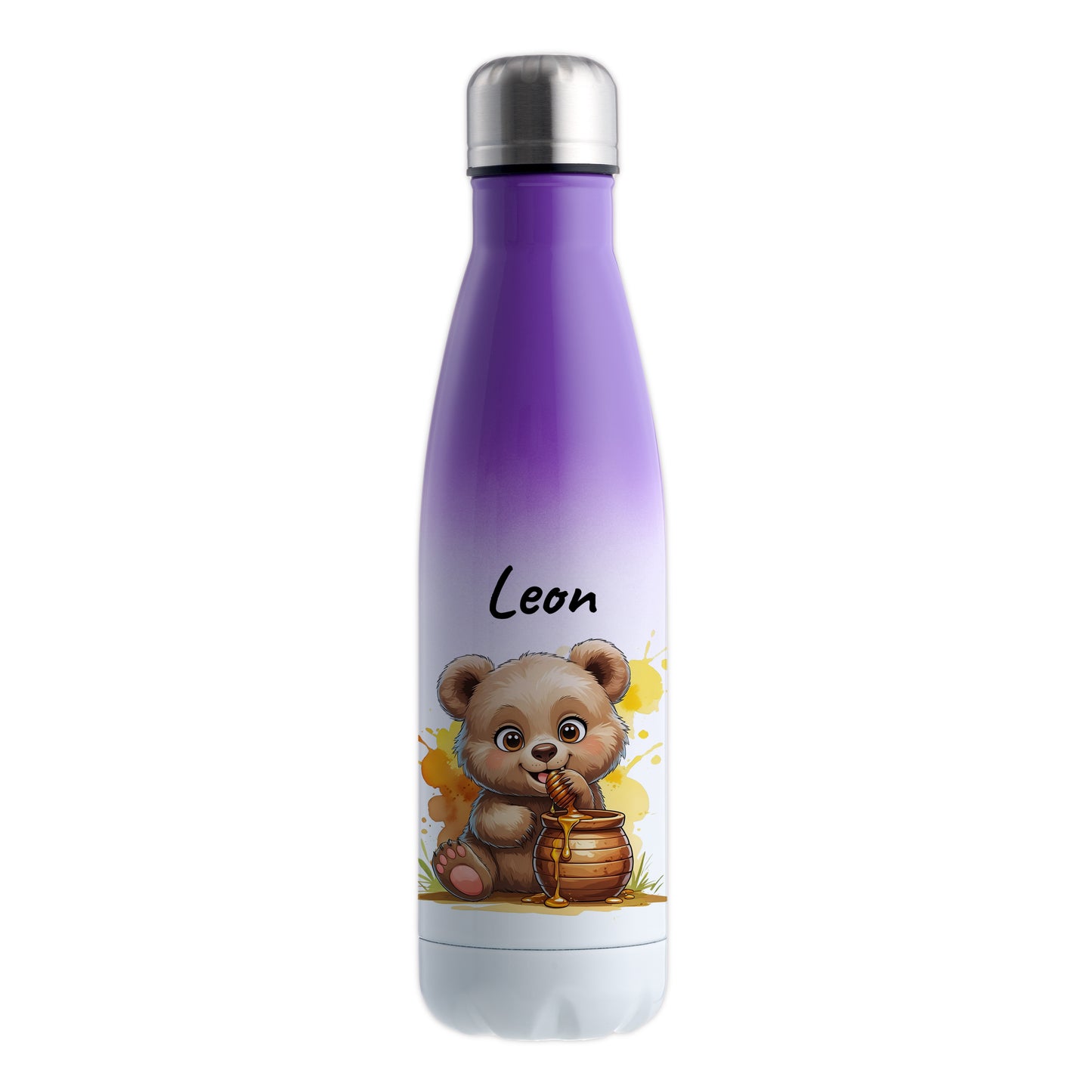 Trinkflasche in Weiß/Violett 500ml aus Edelstahl bedruckt mit niedlichen Tieren "Bär" personalisierbar für Kinder mit Wunschname