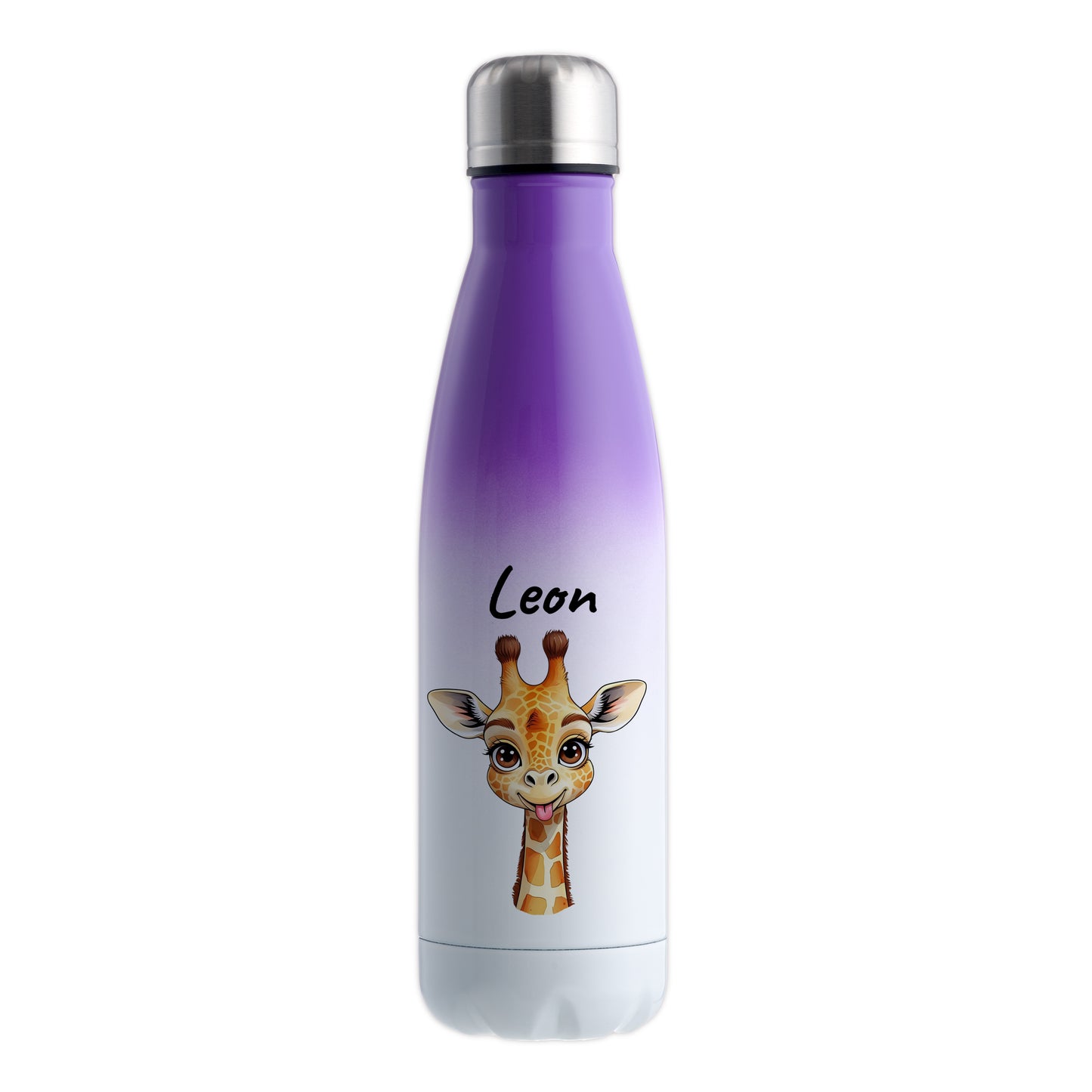 Trinkflasche in Weiß/Violett 500ml aus Edelstahl bedruckt mit niedlichen Tieren "Giraffe" personalisierbar für Kinder mit Wunschname
