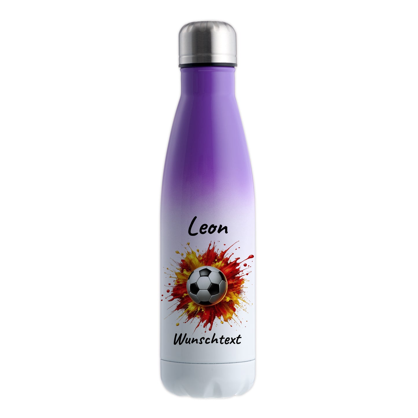 Thermoflasche 500ml in Weiß/Violett aus Edelstahl bedruckt "Fußball" Motiv9 personalisierbar mit Wunschname & Text