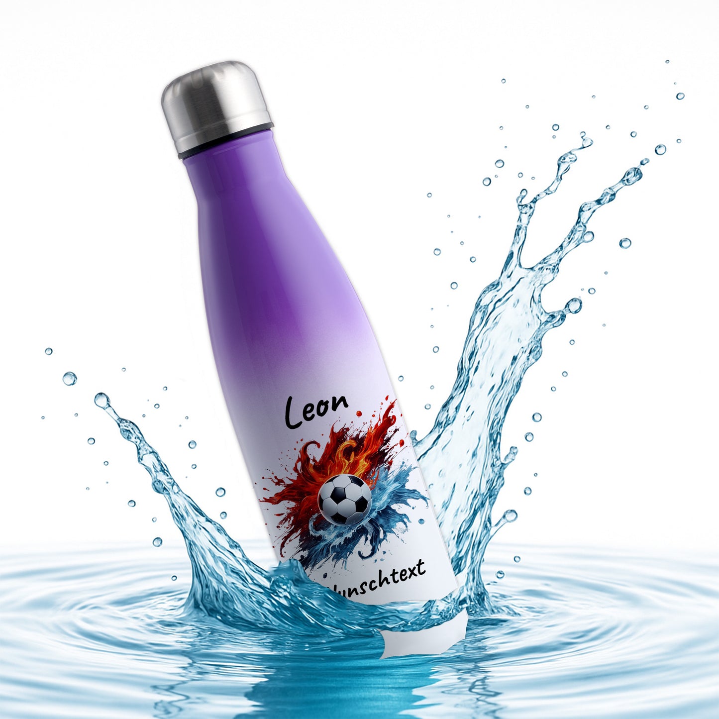 Thermoflasche 500ml in Weiß/Violett aus Edelstahl bedruckt "Fußball" Motiv12 personalisierbar mit Wunschname & Text