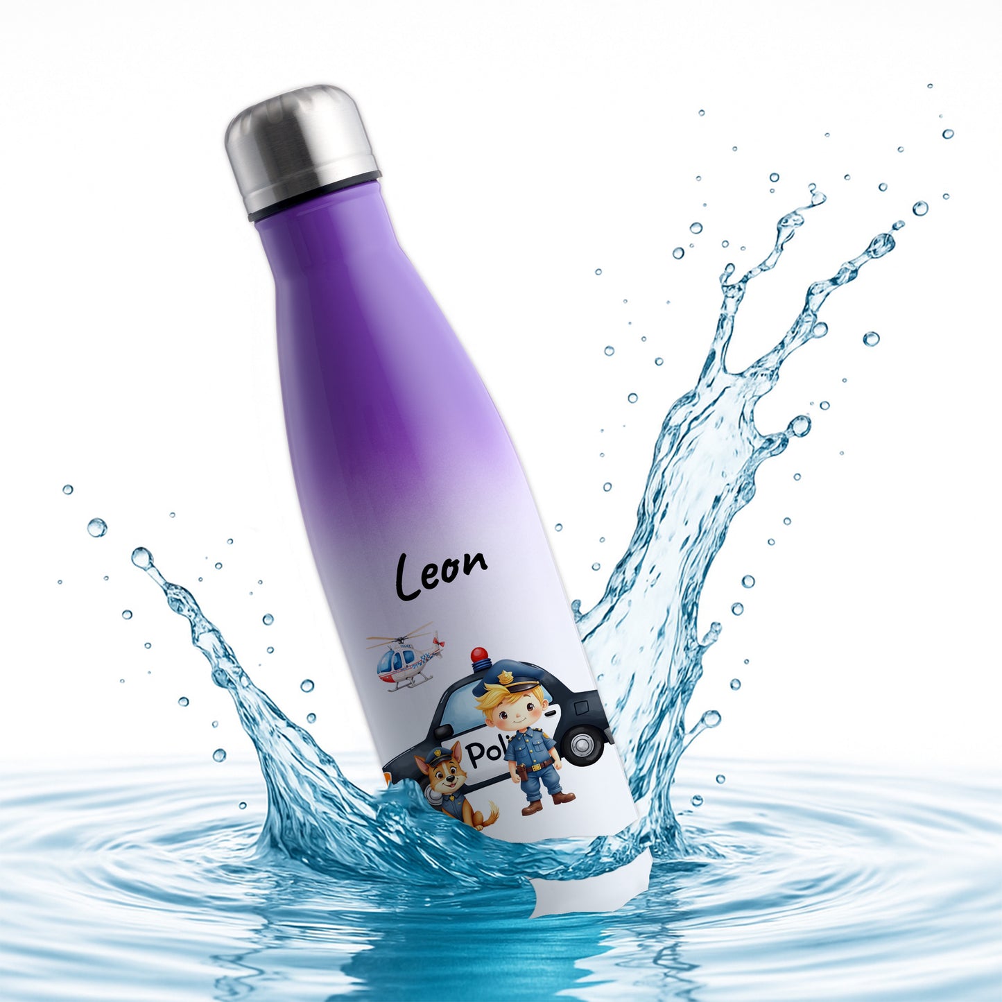 Thermoflasche 500ml in Weiß/Violett bedruckt mit tollen Motiven für Kinder "Polizei" personalisierbar mit Wunschname