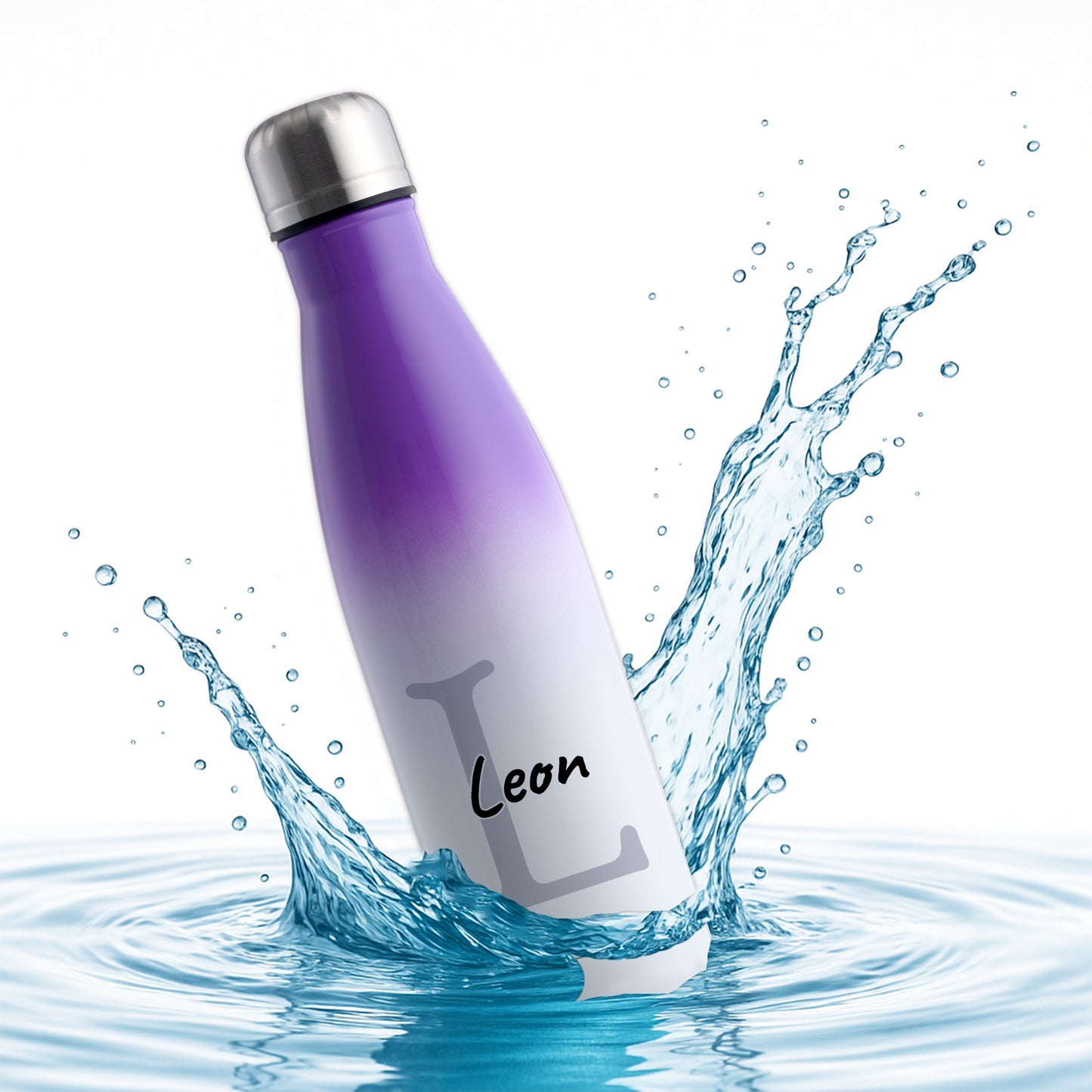 Thermoflasche 500ml aus Edelstahl in Weiß/Violett personalisierbar mit Wunschname auslaufsichere Trinkflasche