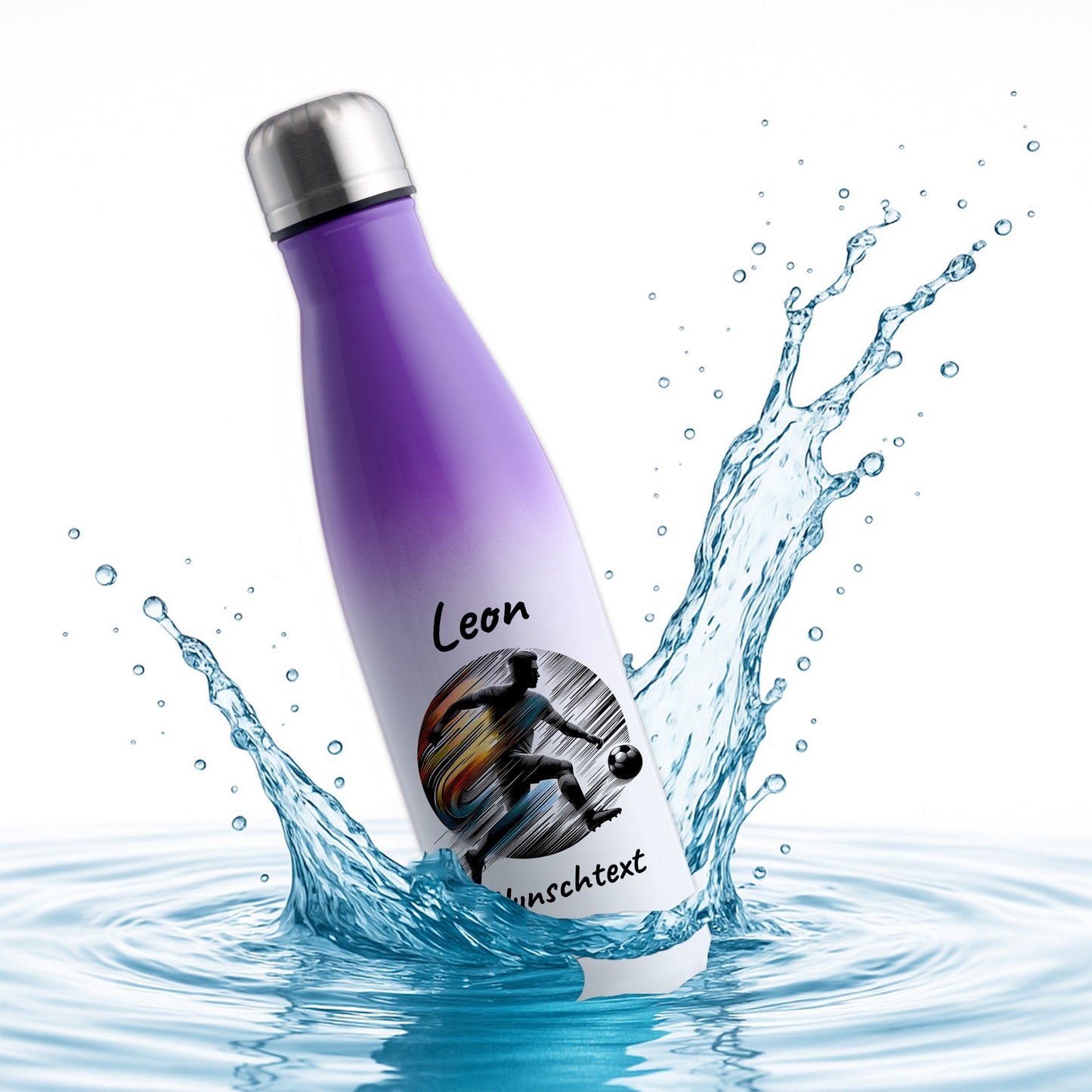 Thermoflasche 500ml in Weiß/Violett aus Edelstahl bedruckt "Fußball" Motiv2 personalisierbar mit Wunschname & Text