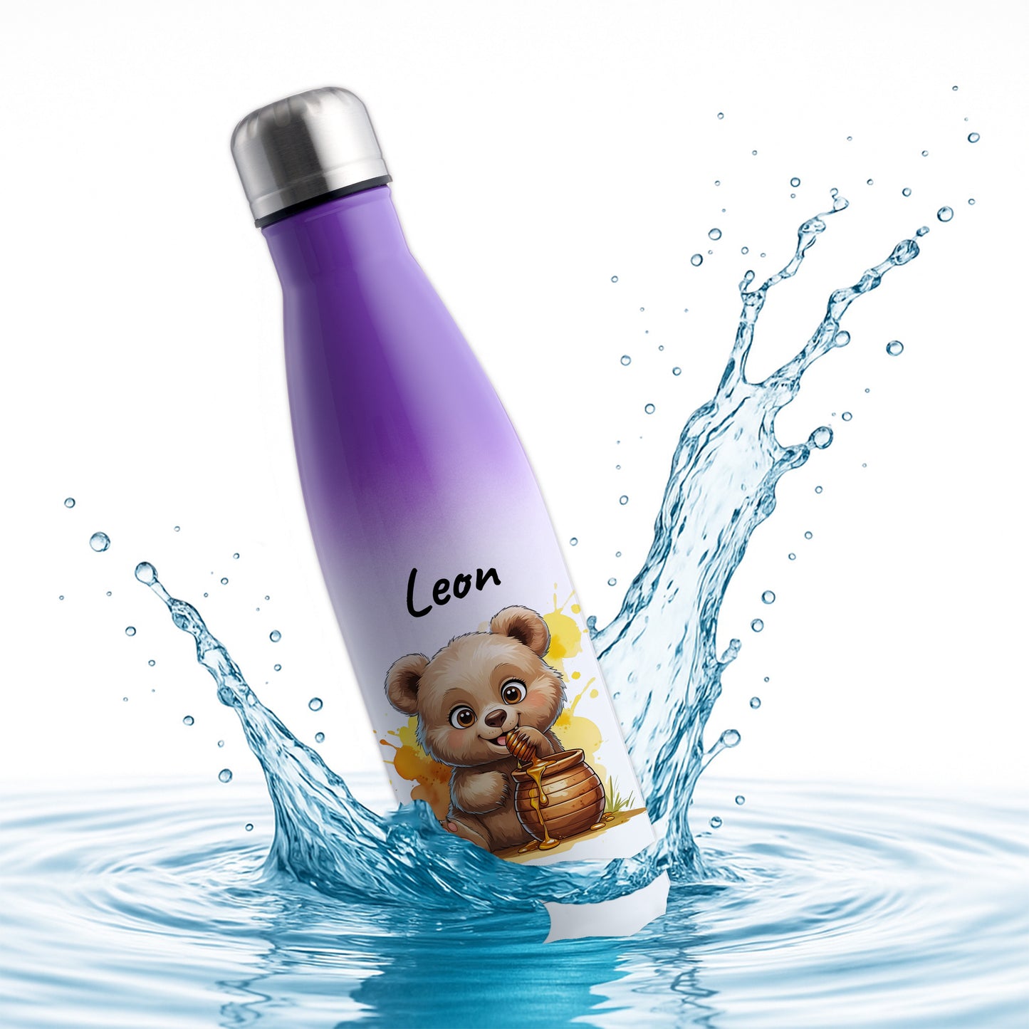 Trinkflasche in Weiß/Violett 500ml aus Edelstahl bedruckt mit niedlichen Tieren "Bär" personalisierbar für Kinder mit Wunschname