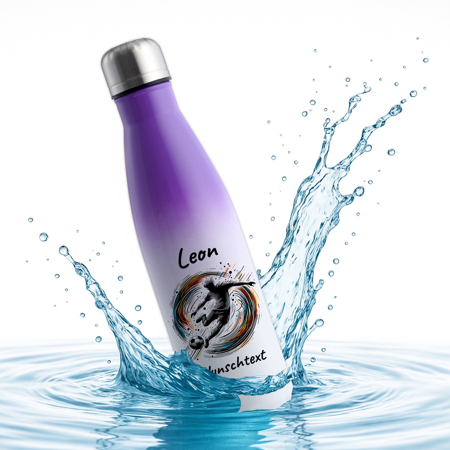 Thermoflasche 500ml in Weiß/Violett aus Edelstahl bedruckt "Fußball" Motiv1 personalisierbar mit Wunschname & Text
