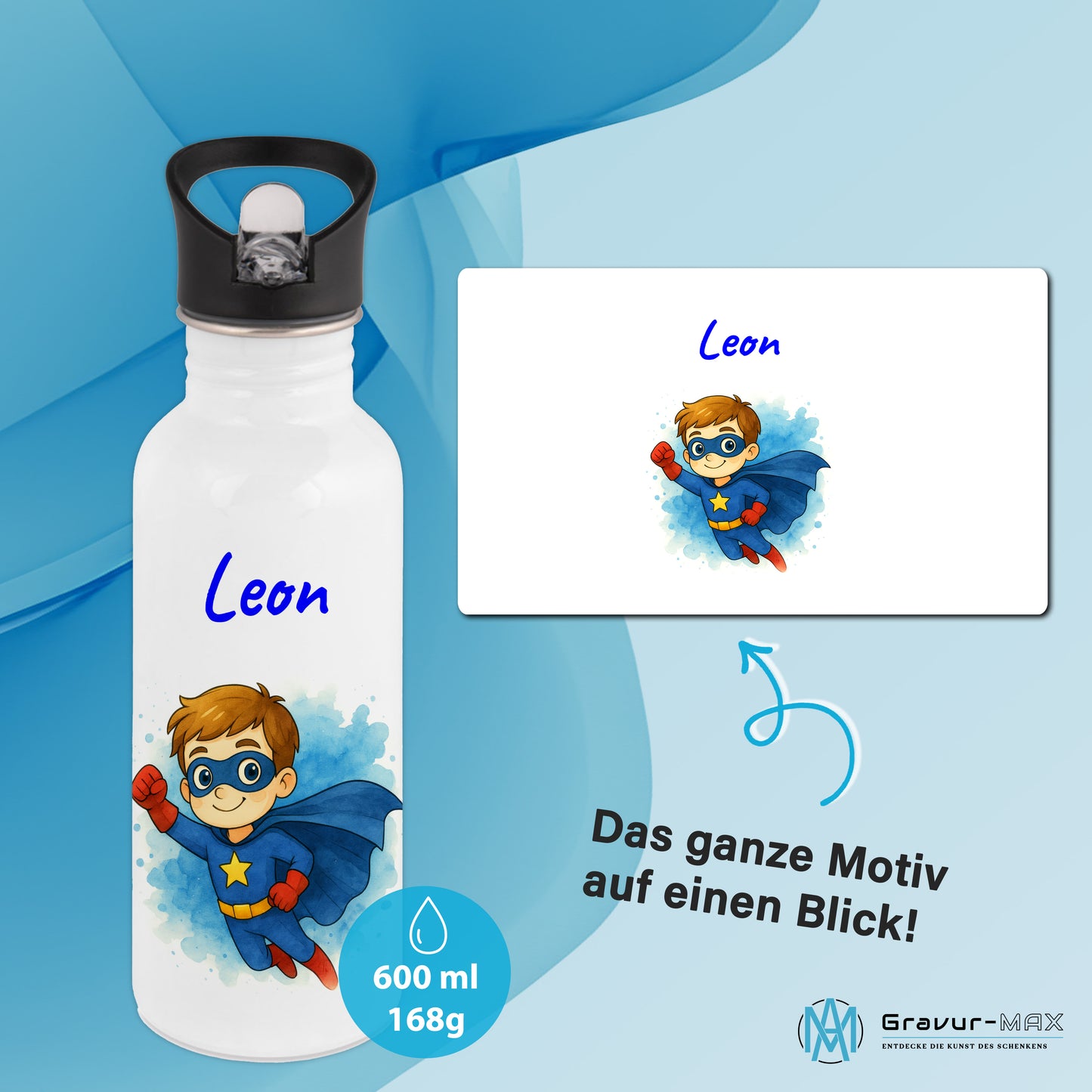 Trinkflasche mit Strohhalm in Weiß 600ml bedruckt mit tollen Motiven für Kinder "Superheld" personalisierbar für Kinder mit Wunschname aus Edelstahl