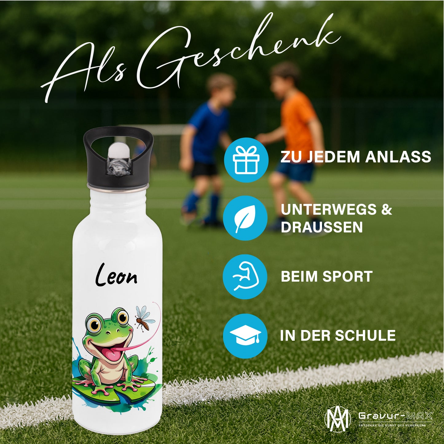 Trinkflasche mit Strohhalm in Weiß 600ml bedruckt mit niedlichen Tieren"Frosch" personalisierbar für Kinder mit Wunschname aus Edelstahl