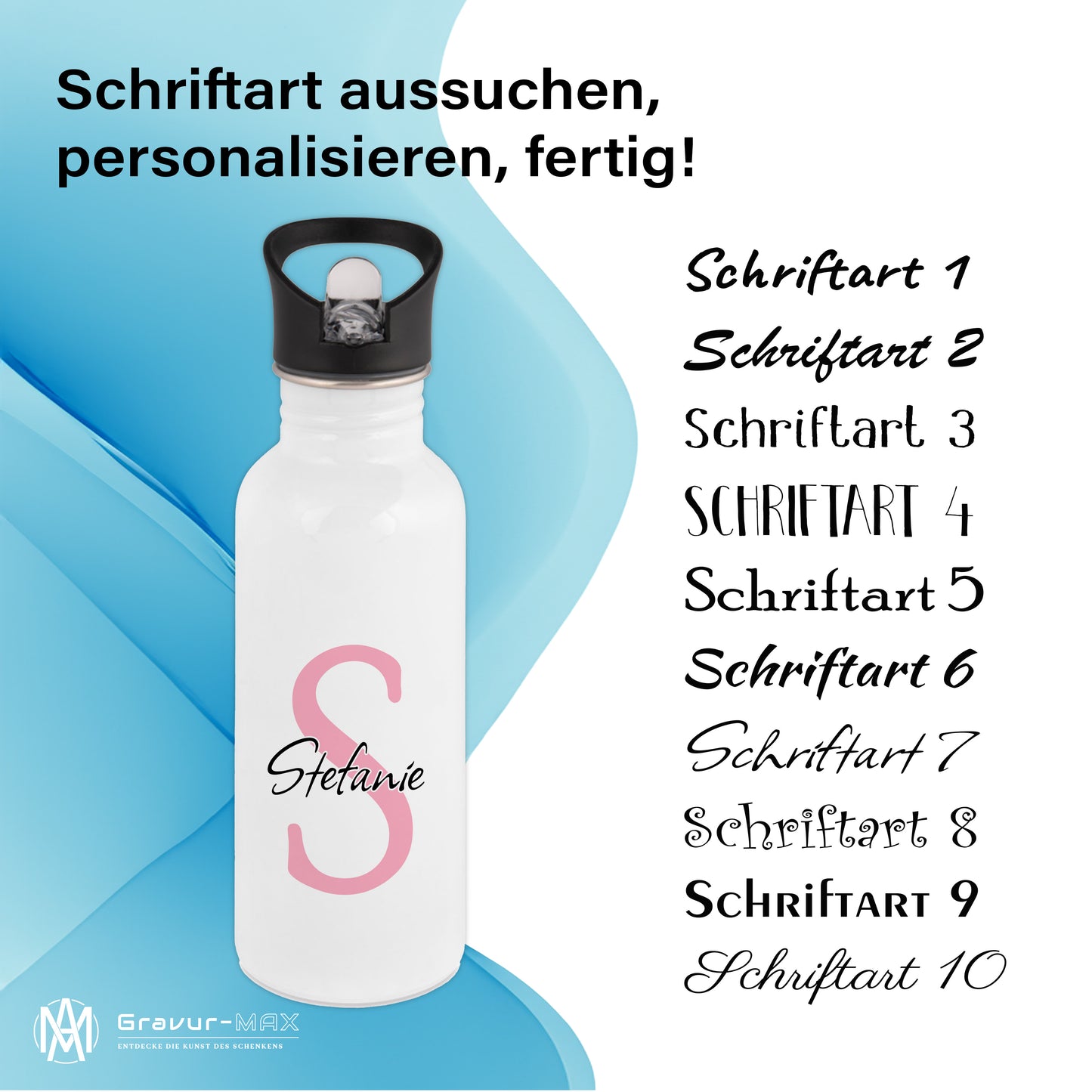Trinkflasche in Weiß 600ml aus Edelstahl bedruckt als "Namensflasche" personalisierbar für Kinder und Erwachsene mit Wunschname