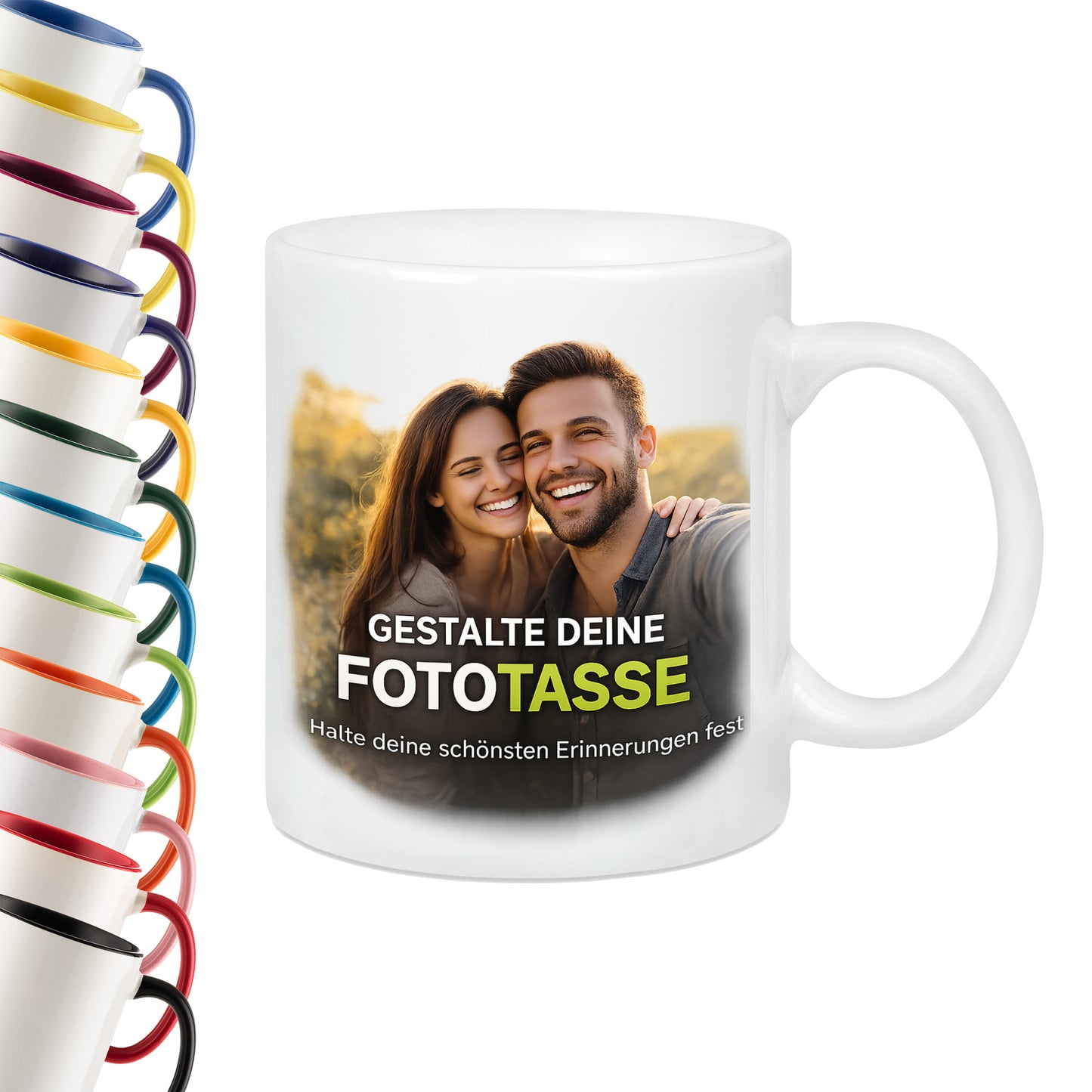 Personalisierte Fototasse selbst gestalten – in 13 ver. Farben mit eigenem Bild & Text | 3D Vorschau (330 ml)