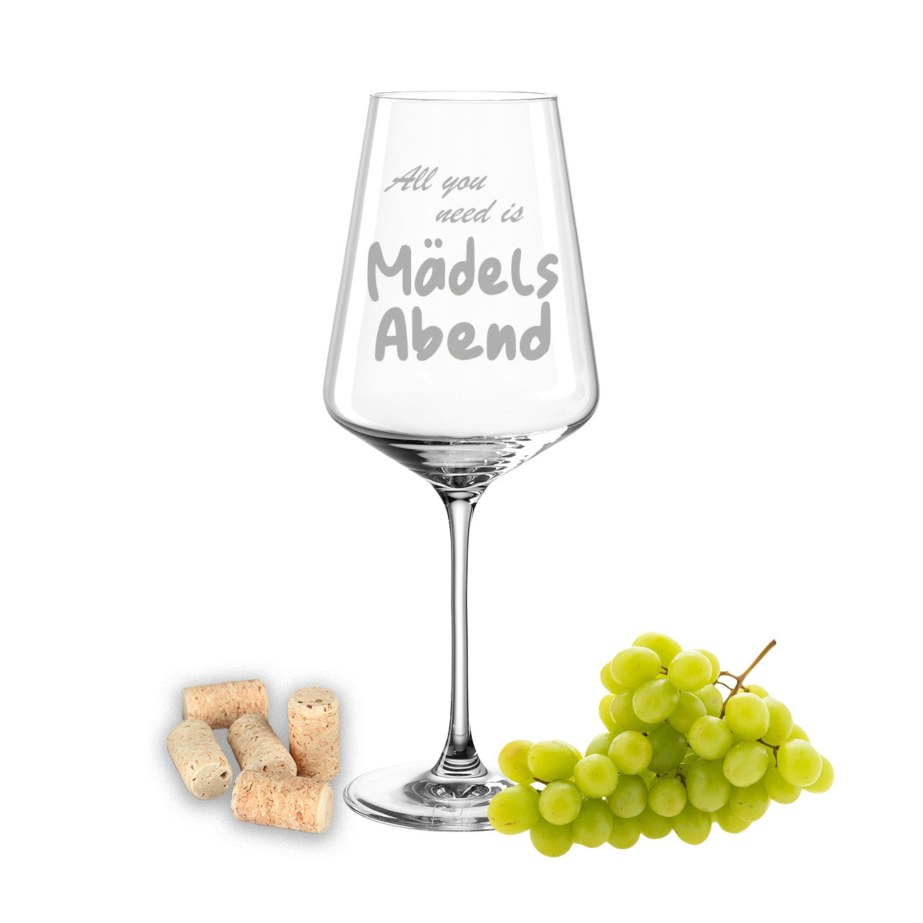 Weinglas mit Gravur Leonardo Puccini "ALL YOU NEED IS MÄDELS ABEND"