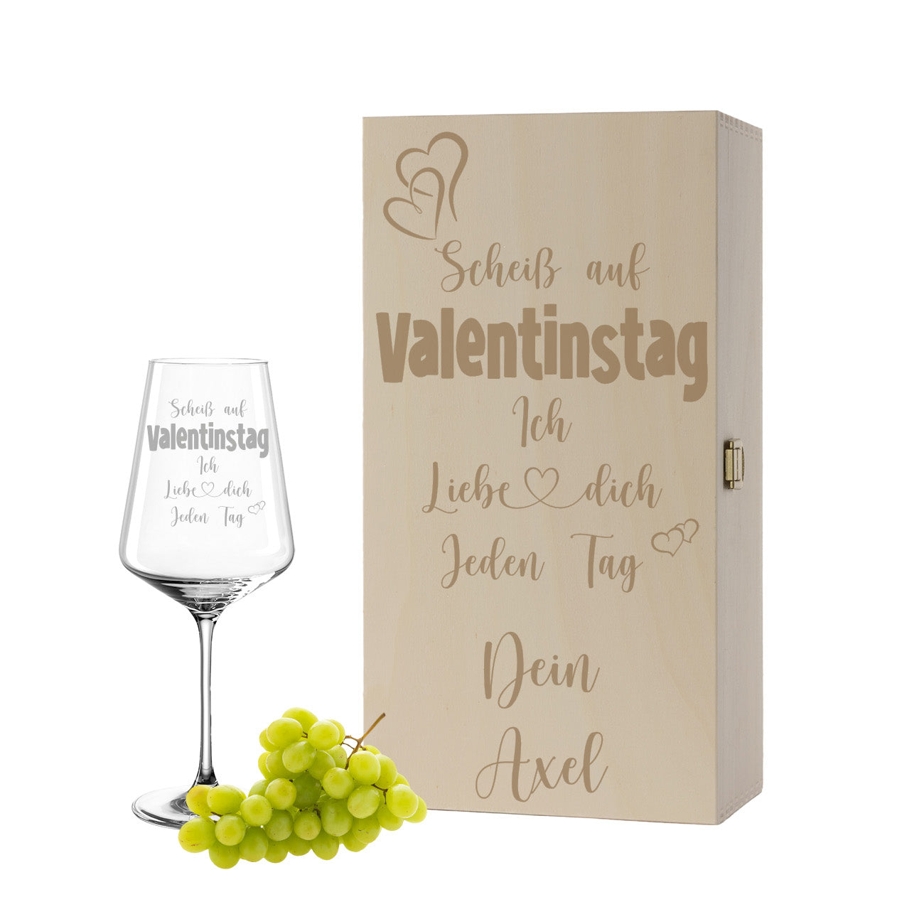 Weinglas mit Gravur Leonardo Puccini "SCHEIß AUF VALENTINSTAG ICH LIEBE DICH JEDEN TAG" inkl. Holzbox klein mit Wunschname
