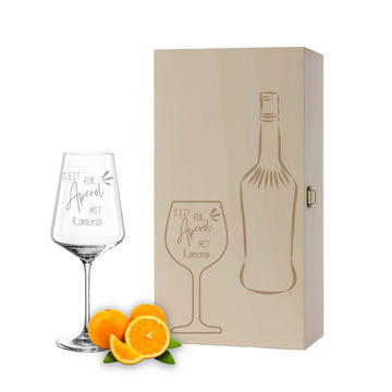 Weinglas mit Gravur Leonardo Puccini "ZEIT FÜR APEROL MIT..." inkl. Holzbox klein mit Wunschname