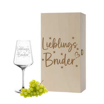 Weinglas mit Gravur Leonardo Puccini "LIEBLINGS BRUDER" inkl. Holzbox klein