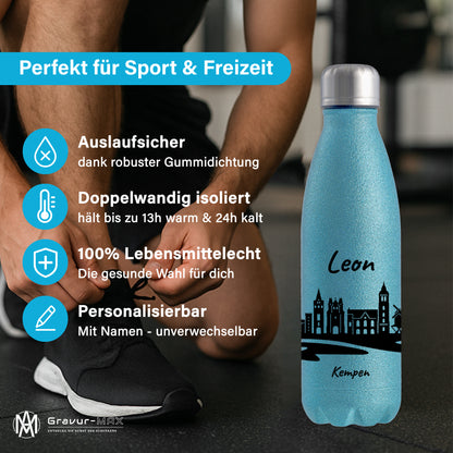 Glitzer Trinkflasche in Blau 500ml aus Edelstahl bedruckt mit der Skyline von Kempen personalisierbar mit Wunschname