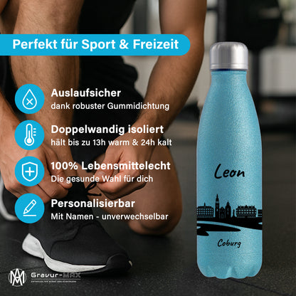 Glitzer Trinkflasche in Blau 500ml aus Edelstahl bedruckt mit der Skyline von Coburg personalisierbar mit Wunschname