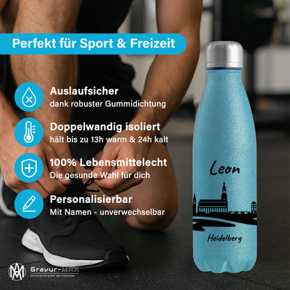 Glitzer Trinkflasche in Blau 500ml aus Edelstahl bedruckt mit der Skyline von Heidelberg personalisierbar mit Wunschname