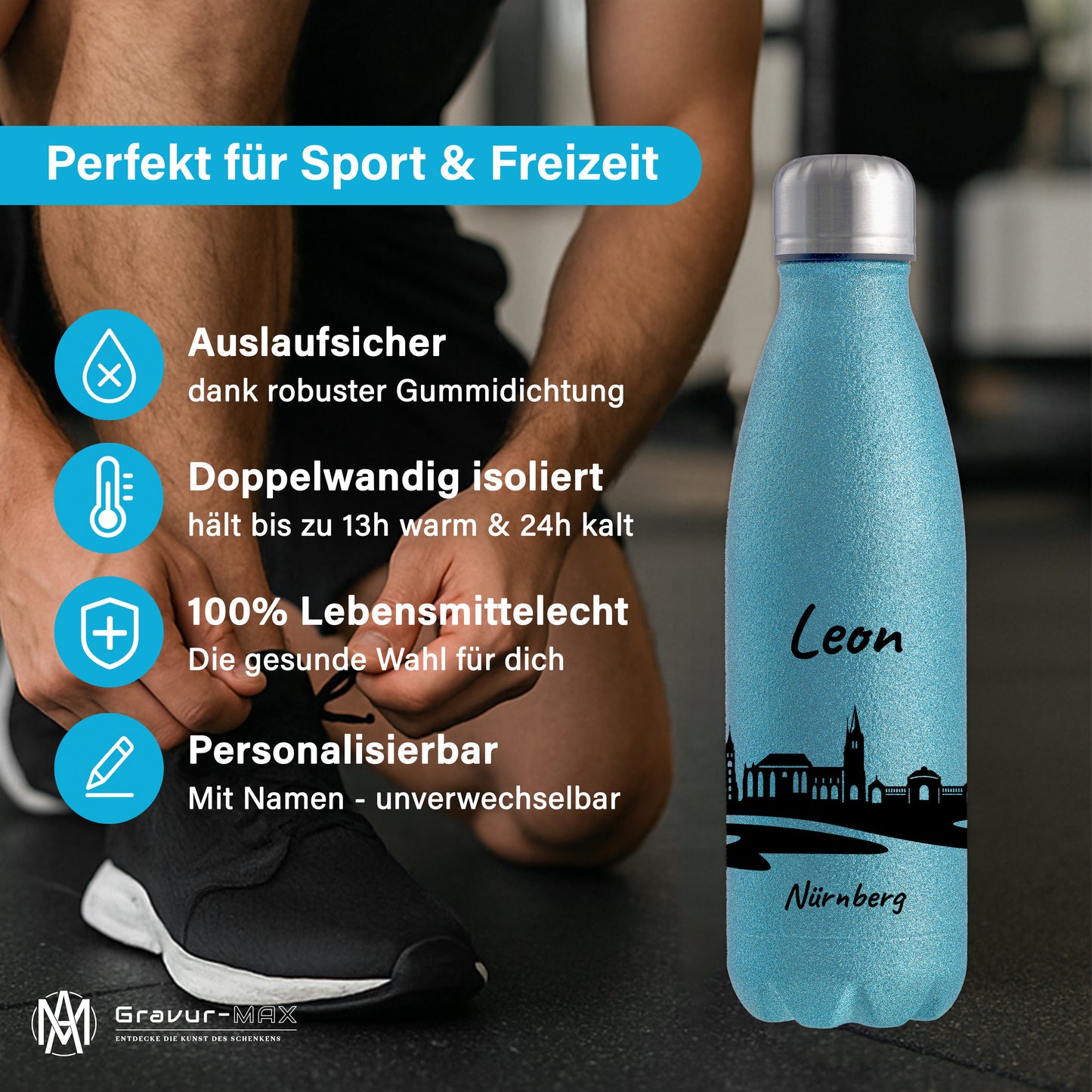 Glitzer Trinkflasche in Blau 500ml aus Edelstahl bedruckt mit der Skyline von Nürnberg personalisierbar mit Wunschname