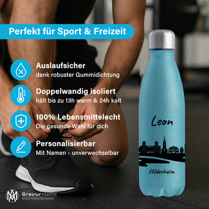 Glitzer Trinkflasche in Blau 500ml aus Edelstahl bedruckt mit der Skyline von Hildesheim personalisierbar mit Wunschname