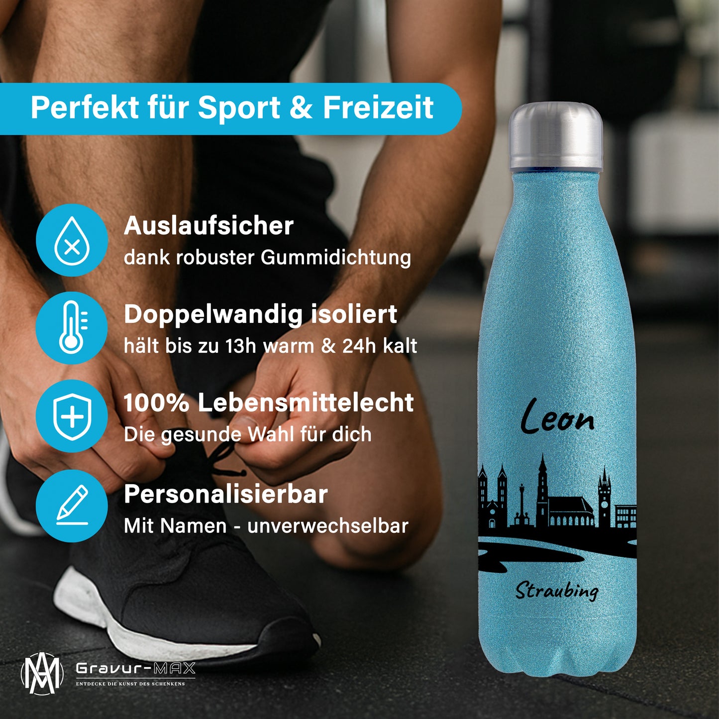 Glitzer Trinkflasche in Blau 500ml aus Edelstahl bedruckt mit der Skyline von Straubing personalisierbar mit Wunschname