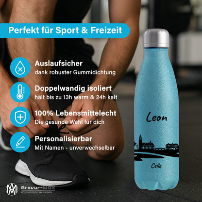 Glitzer Trinkflasche in Blau 500ml aus Edelstahl bedruckt mit der Skyline von Celle personalisierbar mit Wunschname