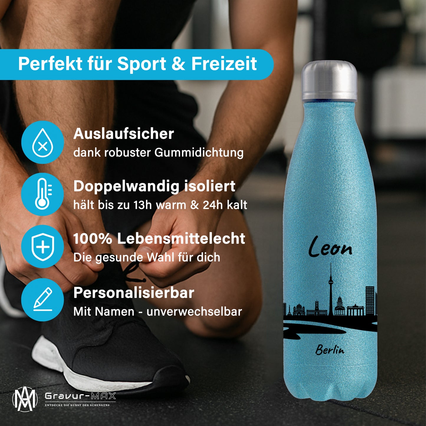 Glitzer Trinkflasche in Blau 500ml aus Edelstahl bedruckt mit der Skyline von Berlin personalisierbar mit Wunschname