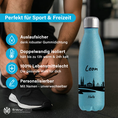 Glitzer Trinkflasche in Blau 500ml aus Edelstahl bedruckt mit der Skyline von Halle personalisierbar mit Wunschname