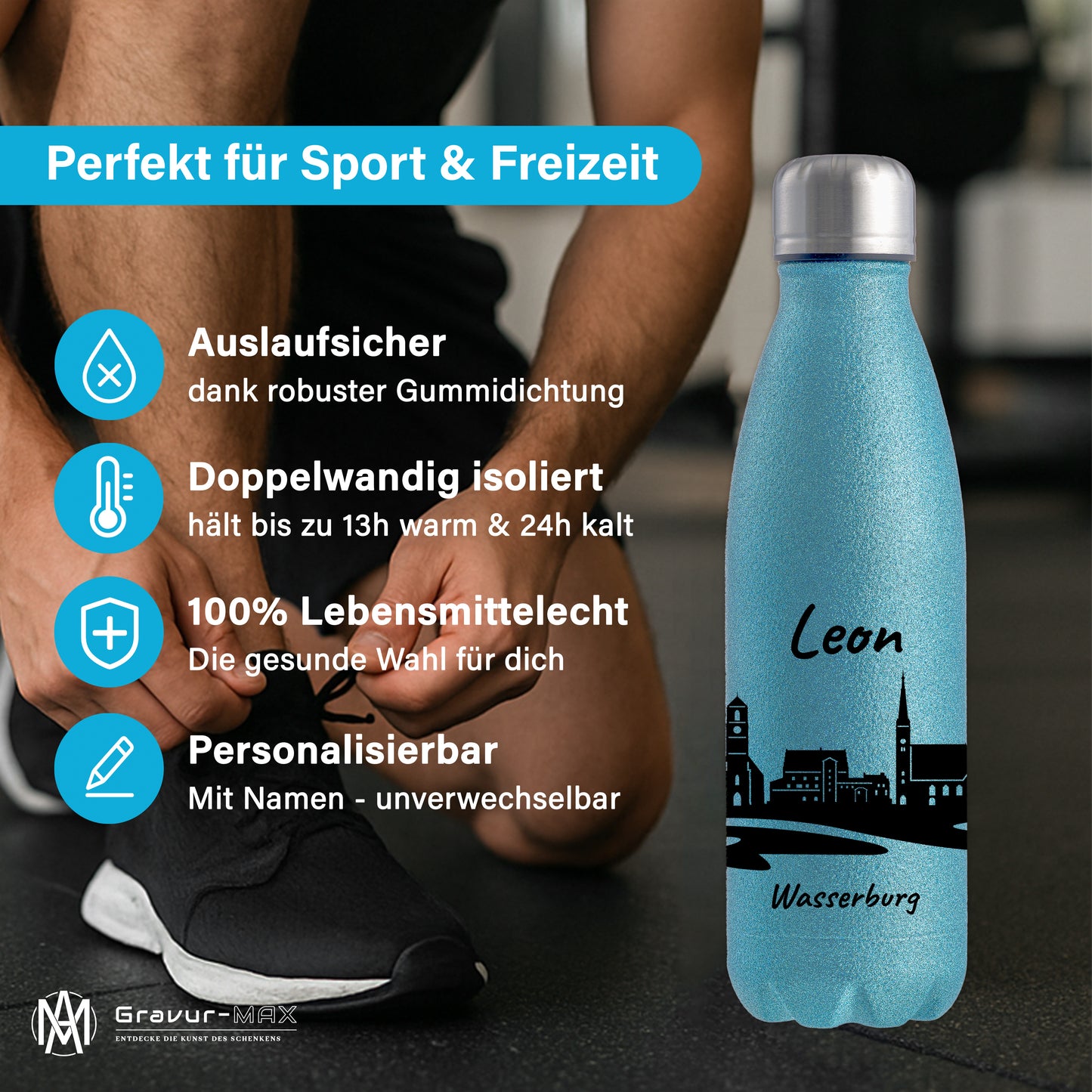 Glitzer Trinkflasche in Blau 500ml aus Edelstahl bedruckt mit der Skyline von Wasserburg personalisierbar mit Wunschname