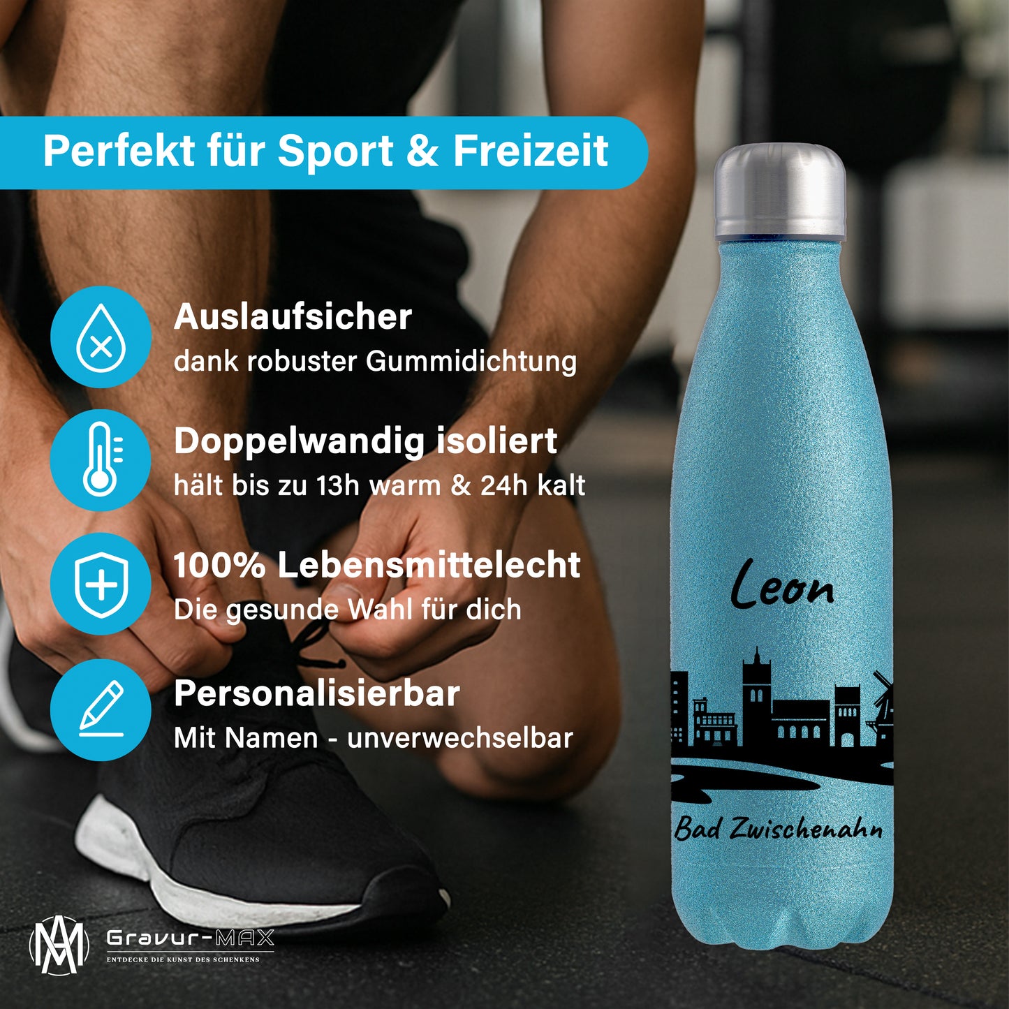 Glitzer Trinkflasche in Blau 500ml aus Edelstahl bedruckt mit der Skyline von Bad Zwischenahn personalisierbar mit Wunschname