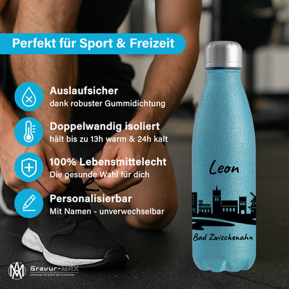 Glitzer Trinkflasche in Blau 500ml aus Edelstahl bedruckt mit der Skyline von Bad Zwischenahn personalisierbar mit Wunschname