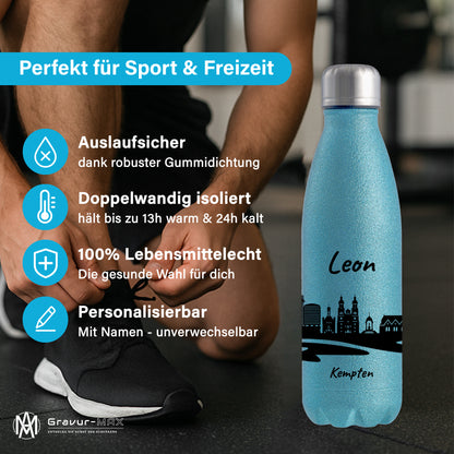 Glitzer Trinkflasche in Blau 500ml aus Edelstahl bedruckt mit der Skyline von Kempten personalisierbar mit Wunschname