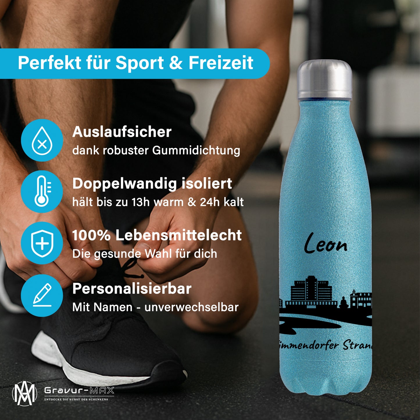 Glitzer Trinkflasche in Blau 500ml aus Edelstahl bedruckt mit der Skyline von Timmendorfer Strand personalisierbar mit Wunschname
