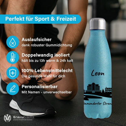 Glitzer Trinkflasche in Blau 500ml aus Edelstahl bedruckt mit der Skyline von Timmendorfer Strand personalisierbar mit Wunschname
