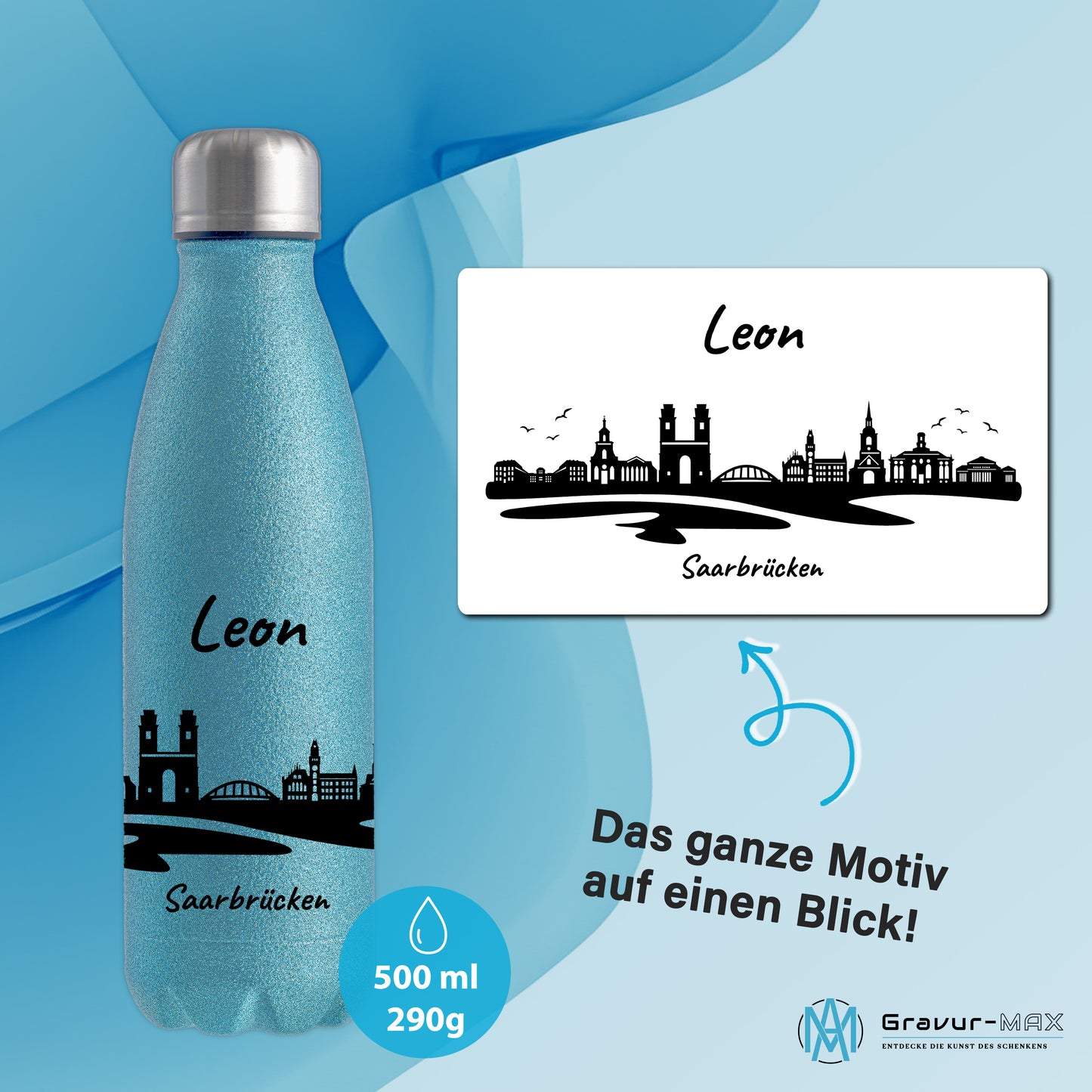 Glitzer Trinkflasche in Blau 500ml aus Edelstahl bedruckt mit der Skyline von Saarbrücken personalisierbar mit Wunschname