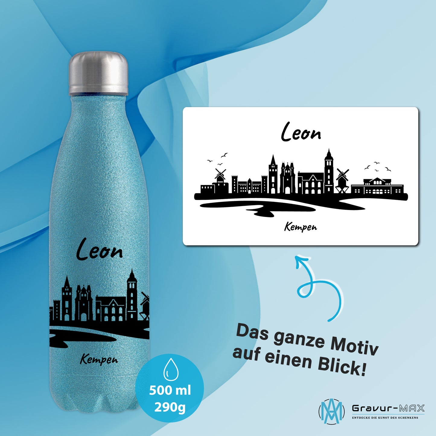 Glitzer Trinkflasche in Blau 500ml aus Edelstahl bedruckt mit der Skyline von Kempen personalisierbar mit Wunschname