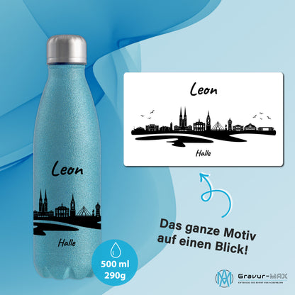 Glitzer Trinkflasche in Blau 500ml aus Edelstahl bedruckt mit der Skyline von Halle personalisierbar mit Wunschname
