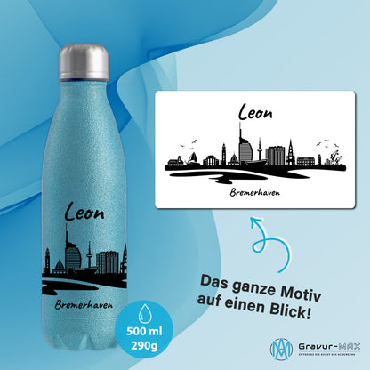 Glitzer Trinkflasche in Blau 500ml aus Edelstahl bedruckt mit der Skyline von Bremerhaven personalisierbar mit Wunschname