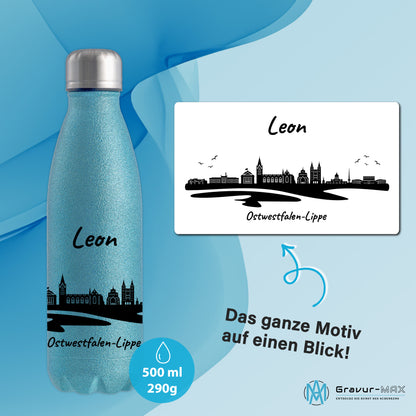 Glitzer Trinkflasche in Blau 500ml aus Edelstahl bedruckt mit der Skyline von Ostwestfalen-Lippe personalisierbar mit Wunschname
