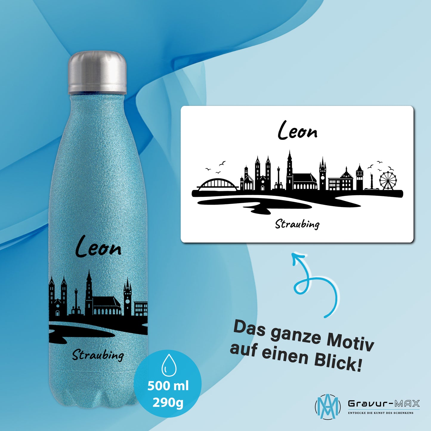 Glitzer Trinkflasche in Blau 500ml aus Edelstahl bedruckt mit der Skyline von Straubing personalisierbar mit Wunschname