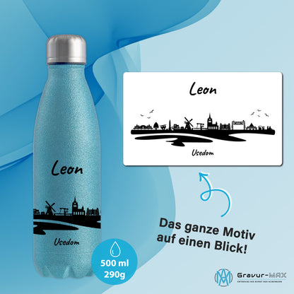 Glitzer Trinkflasche in Blau 500ml aus Edelstahl bedruckt mit der Skyline von Usedom personalisierbar mit Wunschname