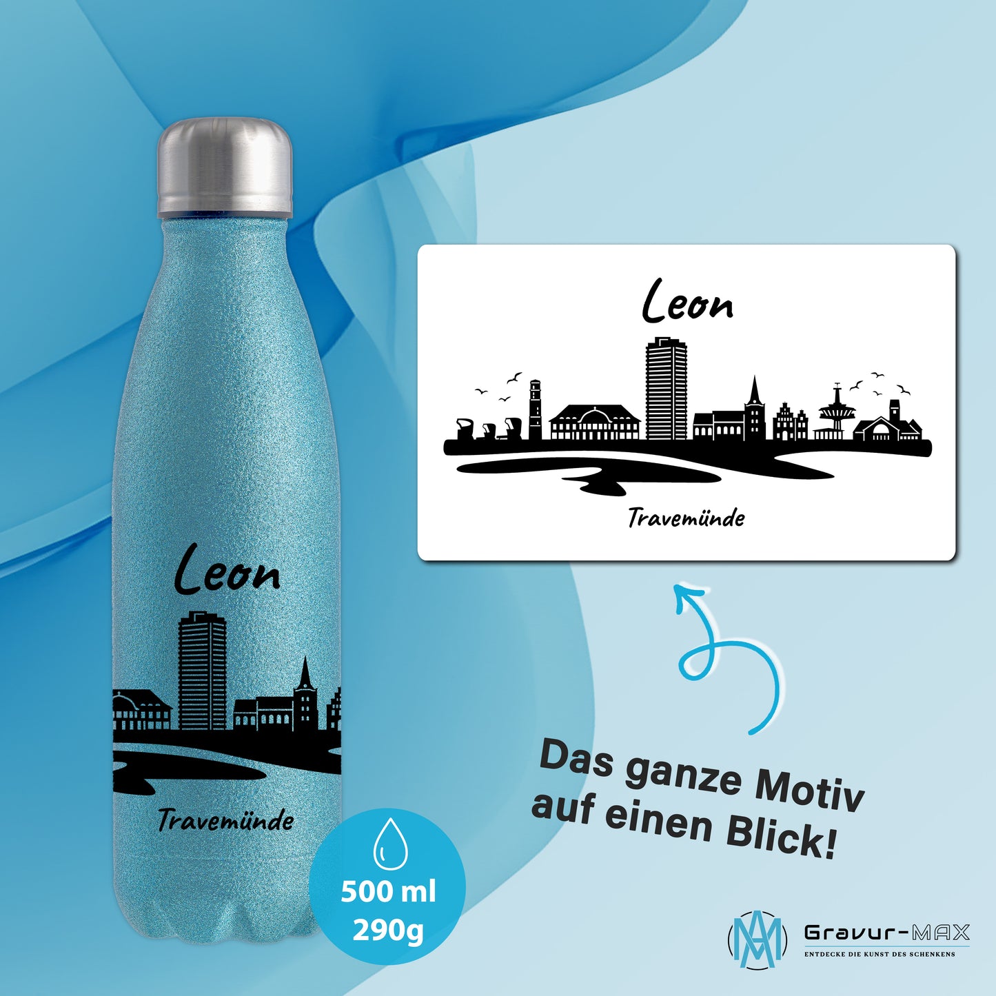 Glitzer Trinkflasche in Blau 500ml aus Edelstahl bedruckt mit der Skyline von Travemünde personalisierbar mit Wunschname