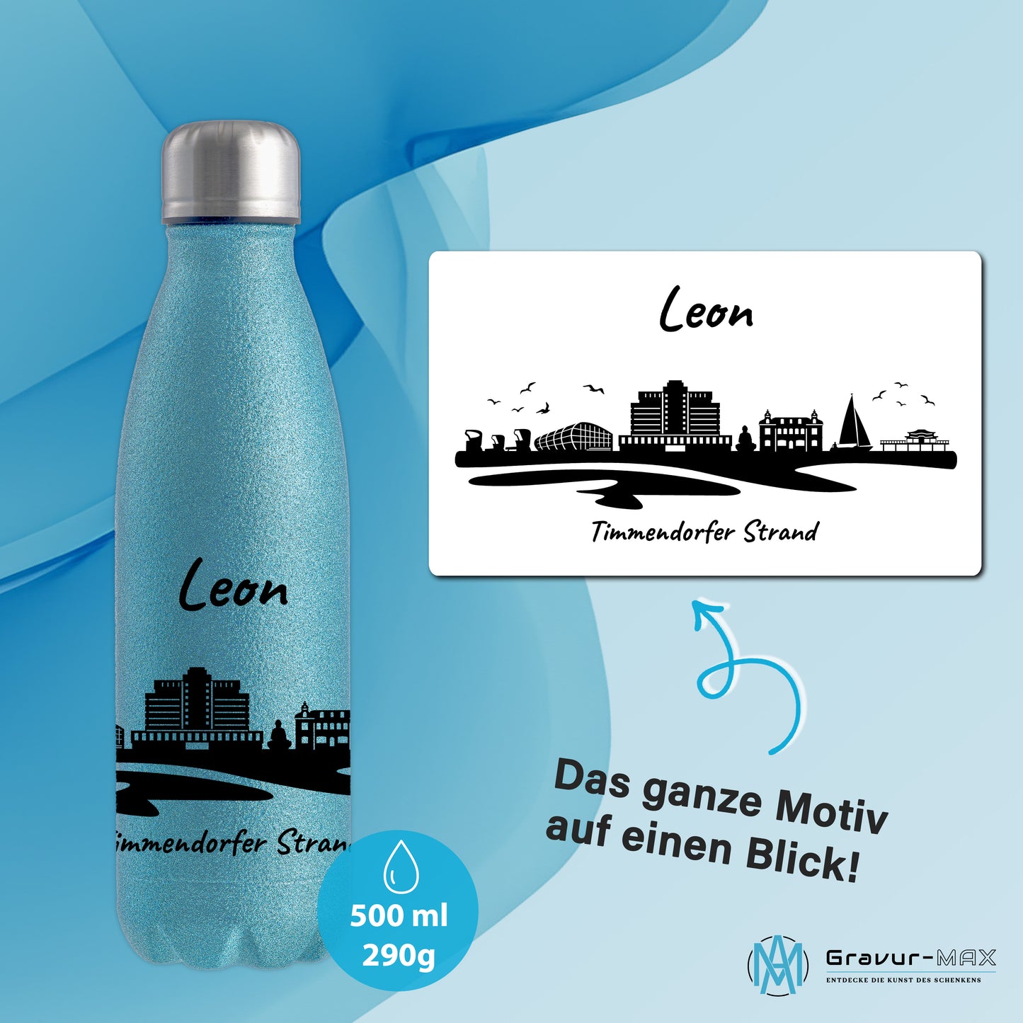 Glitzer Trinkflasche in Blau 500ml aus Edelstahl bedruckt mit der Skyline von Timmendorfer Strand personalisierbar mit Wunschname